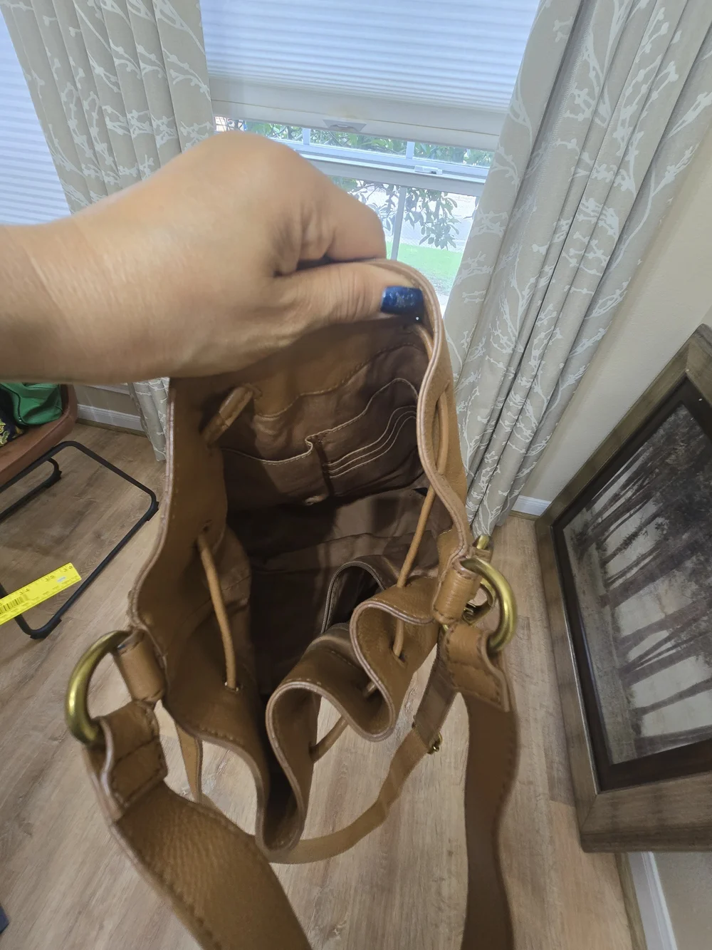 Fossil Cognac Leather Drawstring Hobo Bag with Gold Hardware